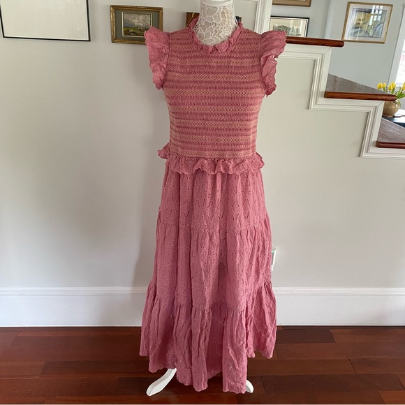 SEA NEW YORK Ingrid Smocked Ruffle Eyelet Midi Dress Sz 10 - Picture 2 of 10